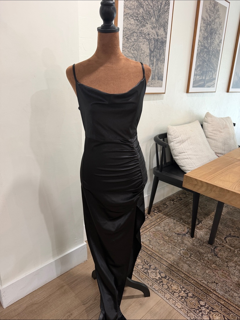 Satin Cowl Neck Black Slip Dress with Side Ruched Detail